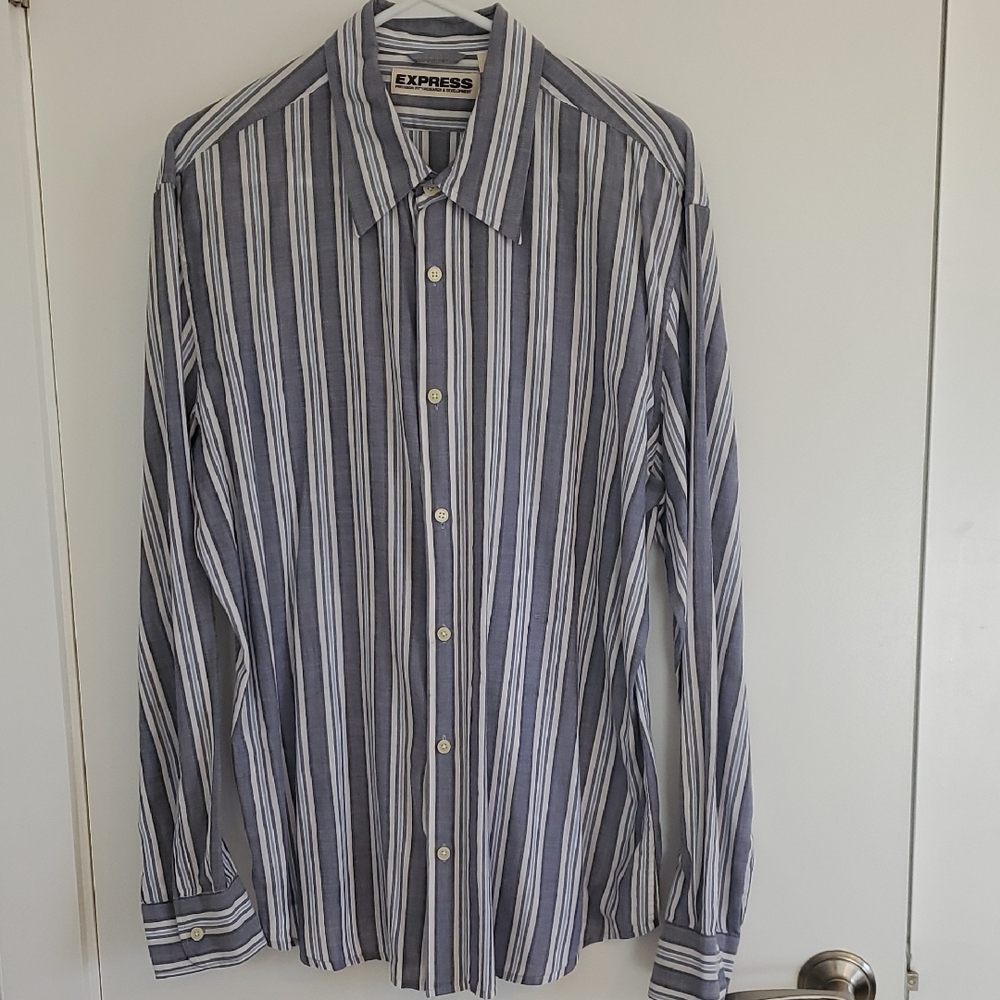 Express Men's Blue and White Striped Button Down Shirt